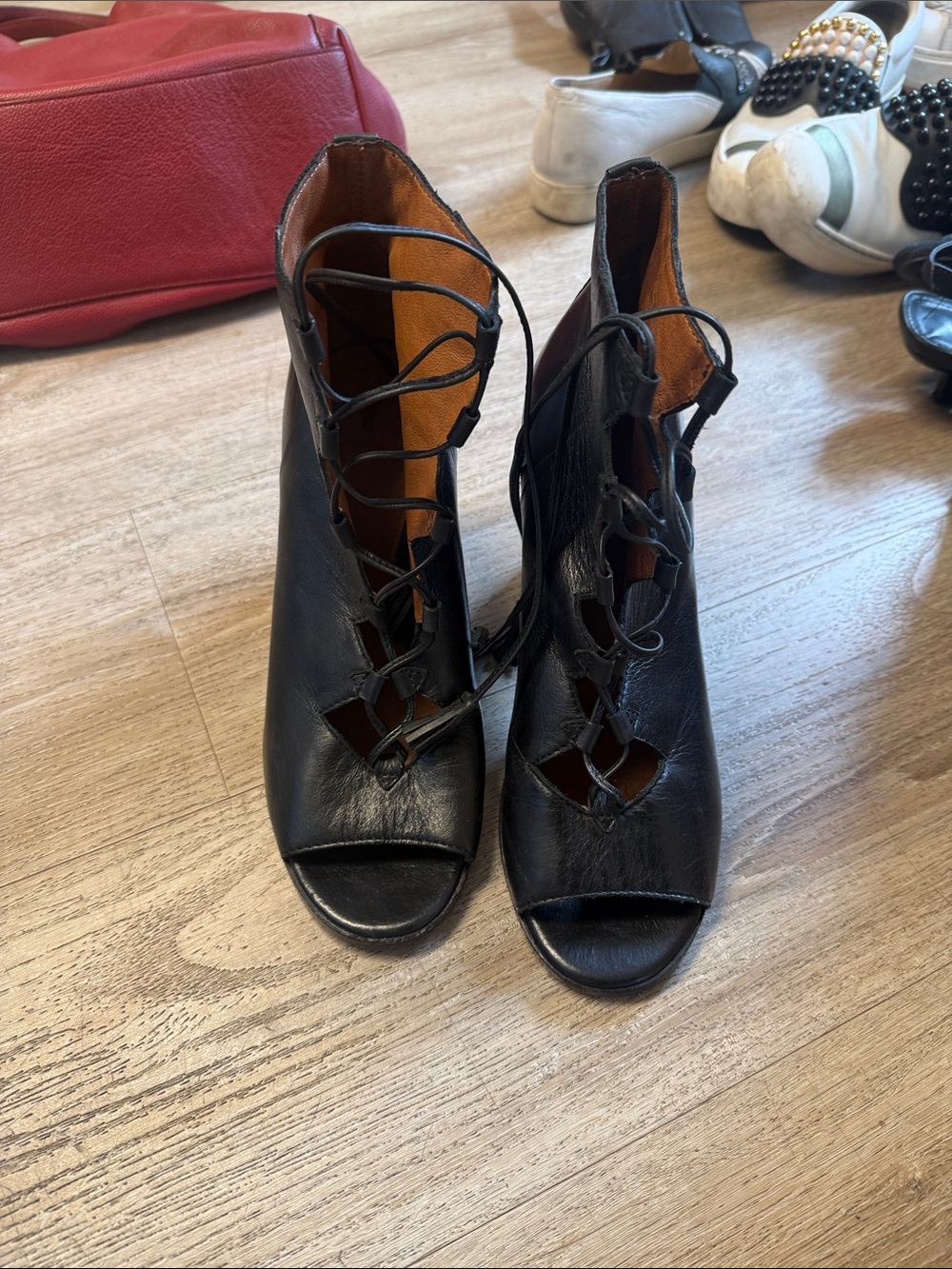 Frye Black Lace-Up Peep Toe Heeled Booties